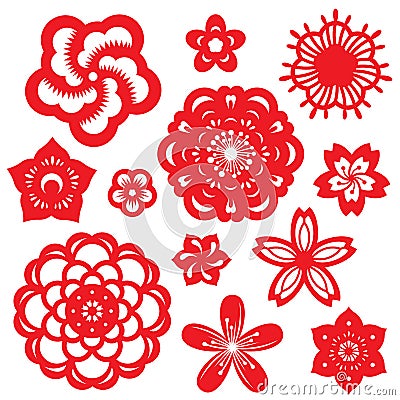 Red paper cut flowers china vector set design Vector Illustration