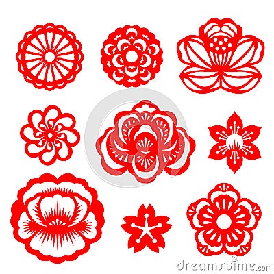 Red paper cut flowers china vector set design Vector Illustration