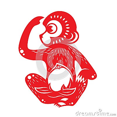 Red paper cut monkey zodiac symbol (monkey holding peach) Vector Illustration