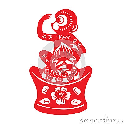 Red paper cut monkey zodiac symbol (monkey holding peach on china money) Vector Illustration