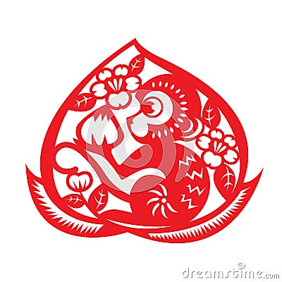 Red paper cut monkey zodiac symbol (monkey holding peach in peach) Vector Illustration