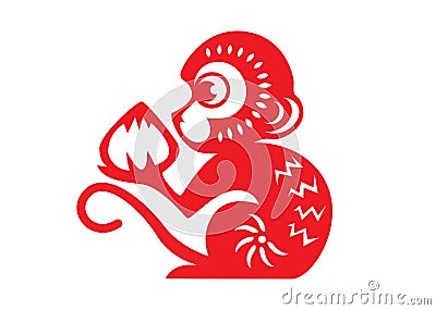 Red paper cut a monkey zodiac symbols (monkey holding peach) Vector Illustration