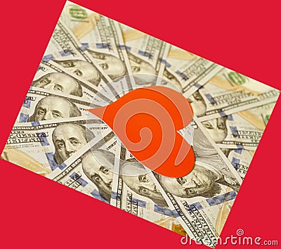 Red paper heart and hundred dollar bills Stock Photo