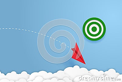 Red paper plane flying wrong way to find the target vector business financial concept start up, leadership paper art style with Vector Illustration