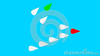 Red paper plane and many white paper planes on turquoise blue background. Leadership, teamwork and courage concept. Separate with. Stock Photo