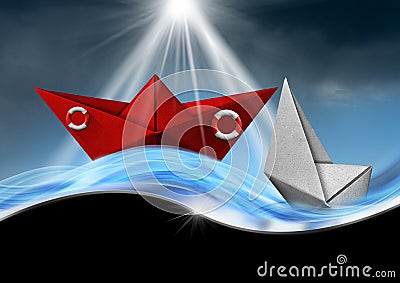 Red paper rescue boat and sinking boat in the sea Cartoon Illustration