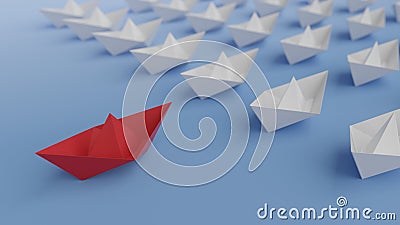 Red paper ship leading a fleet of small white ships on a blue background. Leadership, teamwork Stock Photo