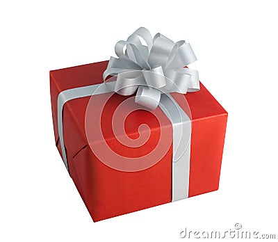 Red paper wrap gift box gray bow present christmas birthday isolated background Stock Photo
