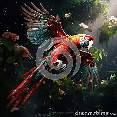 Red parrot fly in dark green Scarlet Ara in tropical Costa Wildlife scene from tropic natu Cartoon Illustration