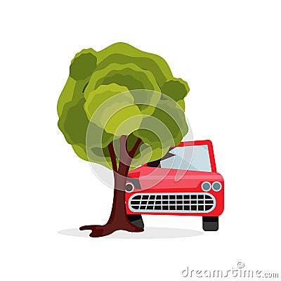 Red passenger car crashed into big green tree. Vehicle with broken windshield and headlight. Road accident. Damaged Vector Illustration