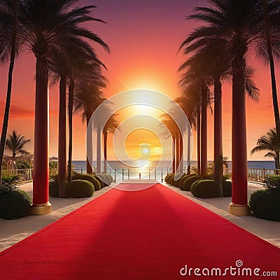 Red pathway to fame in dark with columns rope palm trees sunset award ceremony sphere star premiere vip luxury endless railing Cartoon Illustration