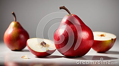 Red pear with cut piece on a white. Isolated Stock Photo