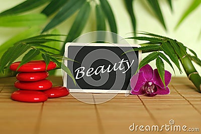 Red pebbles arranged in Zen lifestyle with an orchid, a lighted candle, a bamboo branch and foliage with the message beauty on the Stock Photo