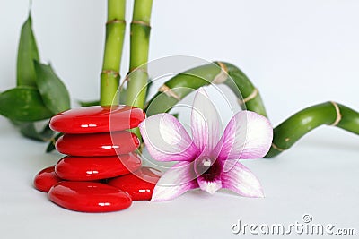 Red pebbles arranged in Zen lifestyle with a two-tone orchid on the right side of the twisted bamboo set behind the whole on a whi Stock Photo