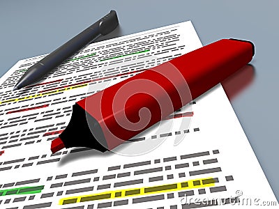 Red pen marker and blue pen on an highlighted document Stock Photo