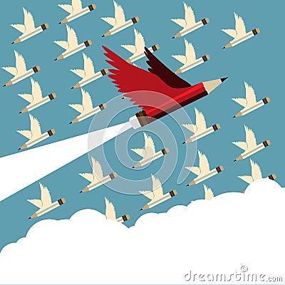 Red pencil different Leadership and follower with wing flying to sky Vector Illustration