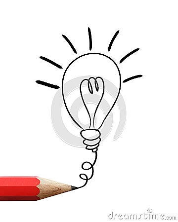 Red pencil drawing light bulb. Stock Photo