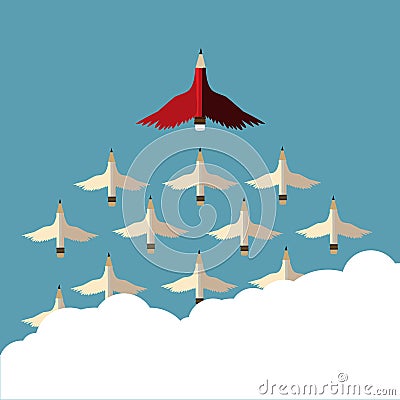 Red pencil and follower with wing flying to sky Vector Illustration