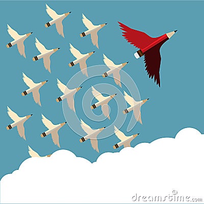 Red pencil and follower with wing flying to sky oblique to the right Vector Illustration