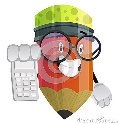 Red pencil holding calculator in his right hand illustration vector Vector Illustration