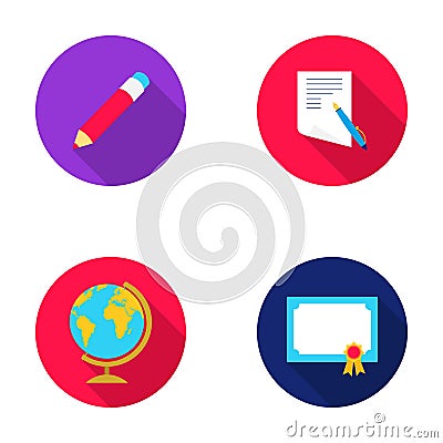 Red pencil, a sheet of paper with a blue handle, a diploma with a seal, a globe on a stand.School set collection icons Vector Illustration