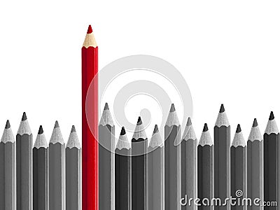 Red pencil standing out from crowd isolated Stock Photo