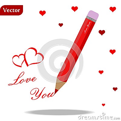 Red pencil with text I love you and two hearts on white background Stock Photo