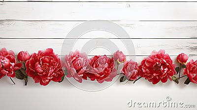 red peonies on a white wood texture, offering a backdrop for text and copy space, rendered with hyperrealistic precision Stock Photo