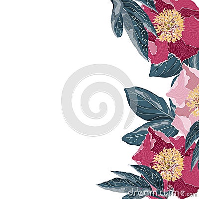 Red peony flowers with leaves. A spring decorative bouquet. Cartoon Illustration