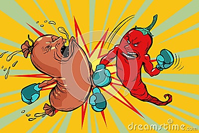 Red pepper beats a sausage. the victory of vegetarianism Vector Illustration