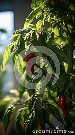 a red pepper growing on a plant Stock Photo