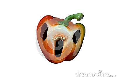 Red pepper with troll face for Halloween on white background Stock Photo