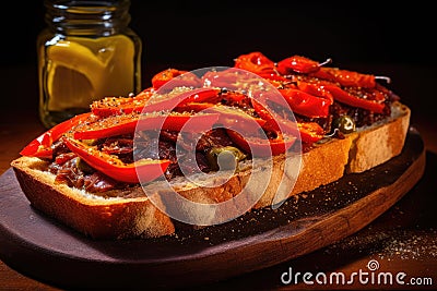 Red peppers with great anchovies on a slice of bread. Typical Spanish food Stock Photo