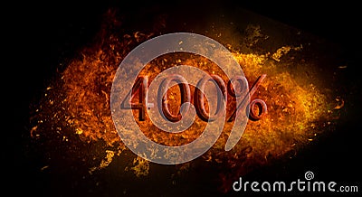 Red 400 percent % on fire flame explosion, black background Stock Photo