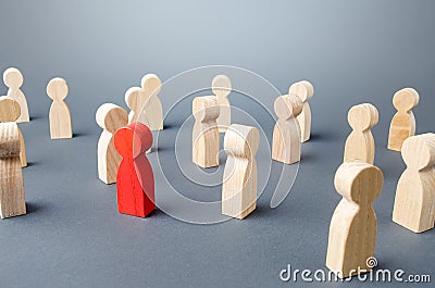 Red person in a crowd of people. Complexity/difficulty of determining/defining of infected. Collective immunity. Social distance. Stock Photo