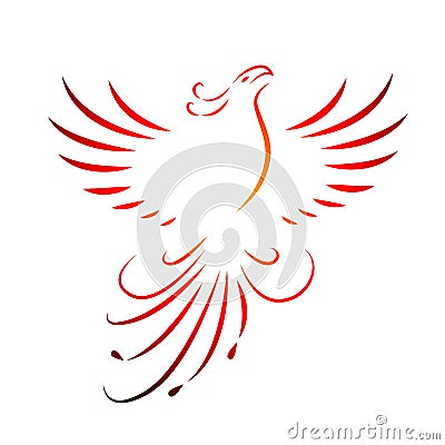 Red phoenix rising wings line drawing isolated on a white background Vector Illustration