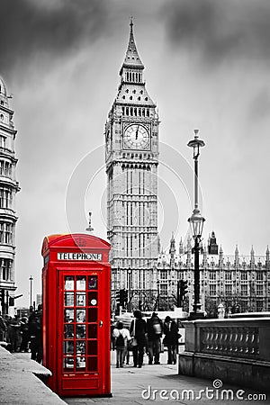 Red phone booth and Big Ben in London, England UK. Stock Photo