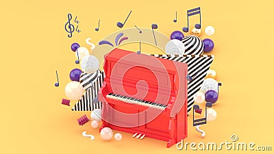 The red piano is surrounded by notes and colorful balls on the orange background Stock Photo