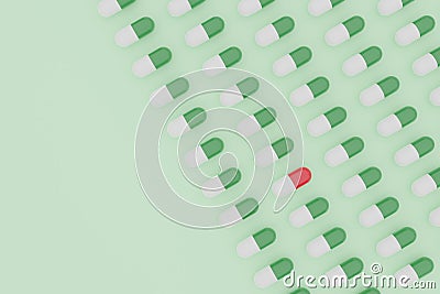 Red pill capsule disrupting rows of green pills, 3D render, concept image Stock Photo