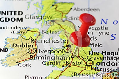 Red pin on Birmingham, England, UK Stock Photo