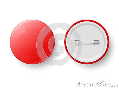 Red pin button, vector. Pin button set. Collection of realistic pin buttons. Red blank badge pin brooch isolated on Vector Illustration