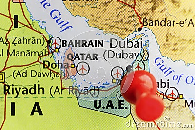 Red pin on Dubai U.A.E. Stock Photo