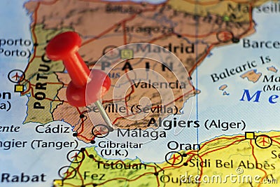 Red pin on Malaga, Spain Stock Photo