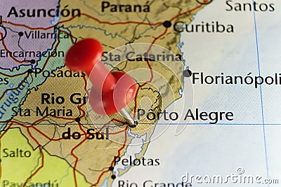 Red pin on Porto Alegre, Brazil Stock Photo