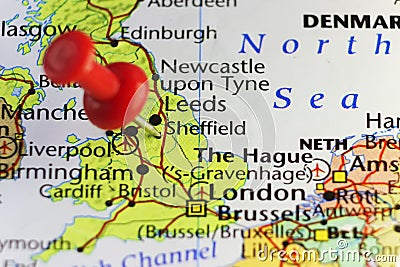 Red pin on Sheffield, England, UK Stock Photo