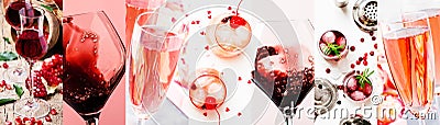 Red and pink alcoholic beverages, wine, champagne and liqueurs, berry and fruit cocktails. Photo collage Stock Photo