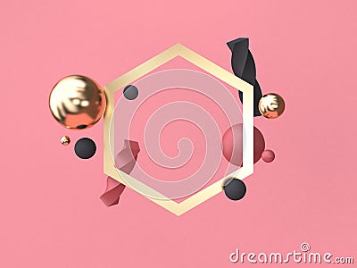 3d rendering red-pink background minimal abstract geometric shape floating gold frame Stock Photo