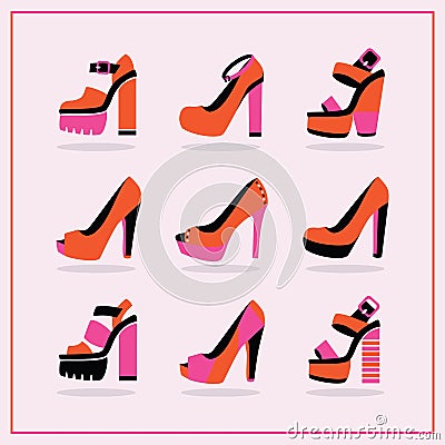 Red and pink funky and modern platform high heels summer shoes icons set Vector Illustration