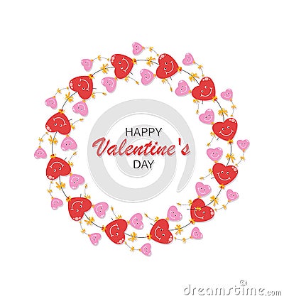 Red, pink hearts. Round frame, wreath, card for Valentine`s Day Vector Illustration