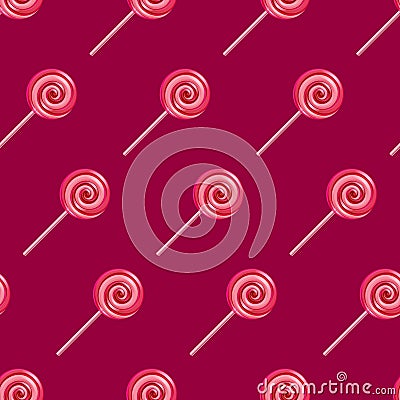 Red and pink lollipop spiral candies seamless Vector Illustration